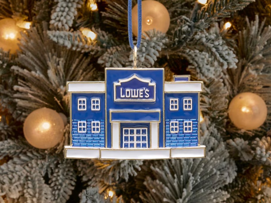 Ceramic Lowe's ornament hanging on Christmas tree