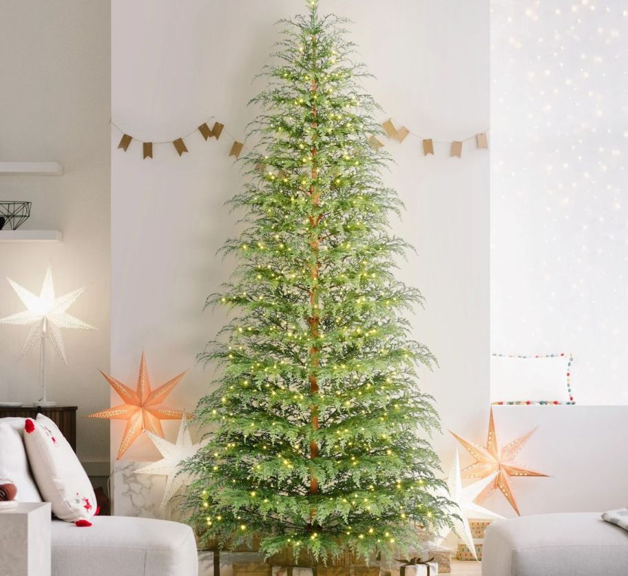 A large Christmas Tree in a living room 