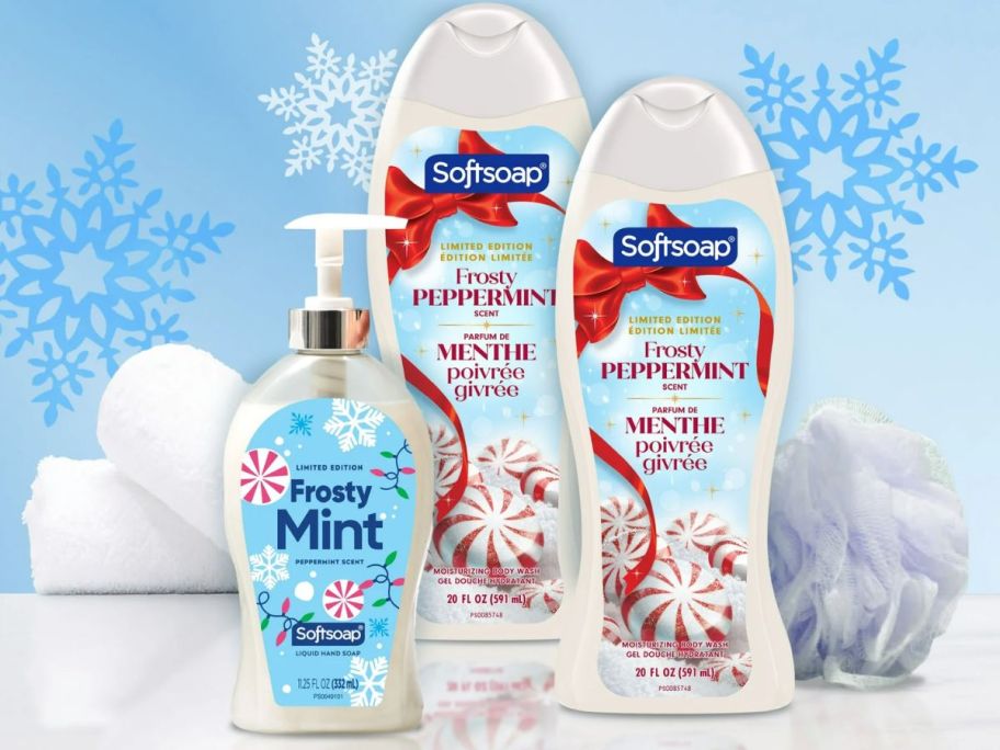 A softsoap gift set in peppermint with snowflakes behind it 
