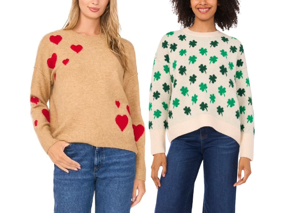 Two women wearing Vince Camuto holiday sweaters.