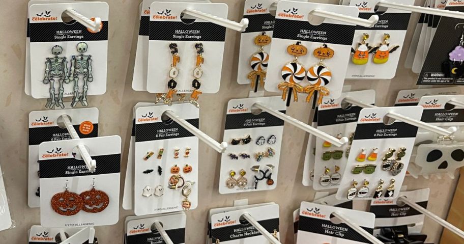 Several pairs of Halloween themed earrings displayed