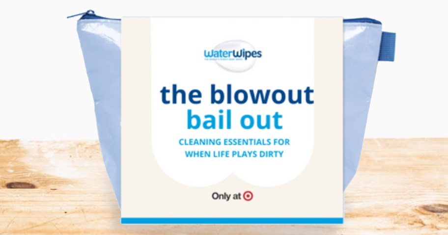 WaterWipes Blowout Bail Out Kit pouch on a wood table