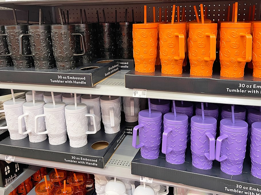 rows of halloween embossed tumblers on store shelves