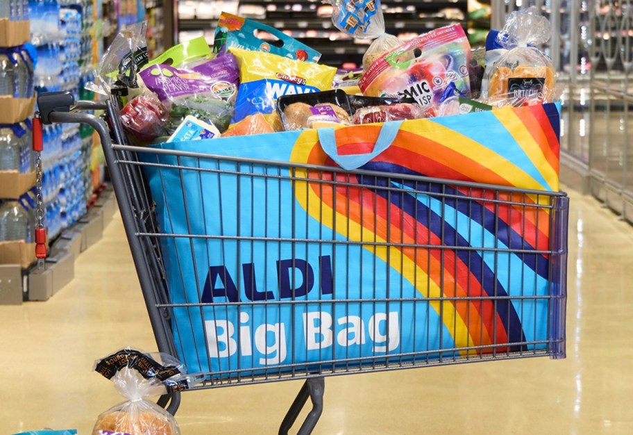 aldis big bag in shopping cart full of groceries