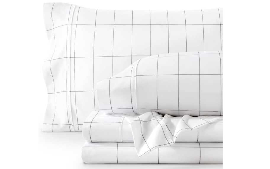 white plaid sheet set on white background
