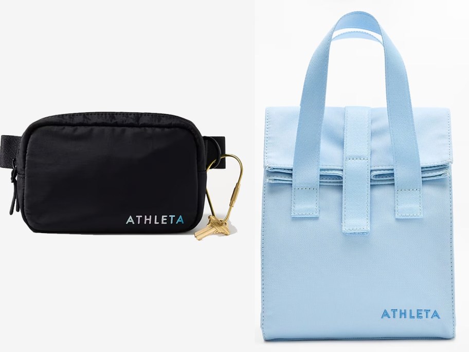 black belt bag and blue lunchbox 
