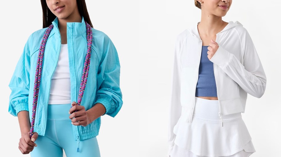 girls wearing blue and white jackets 