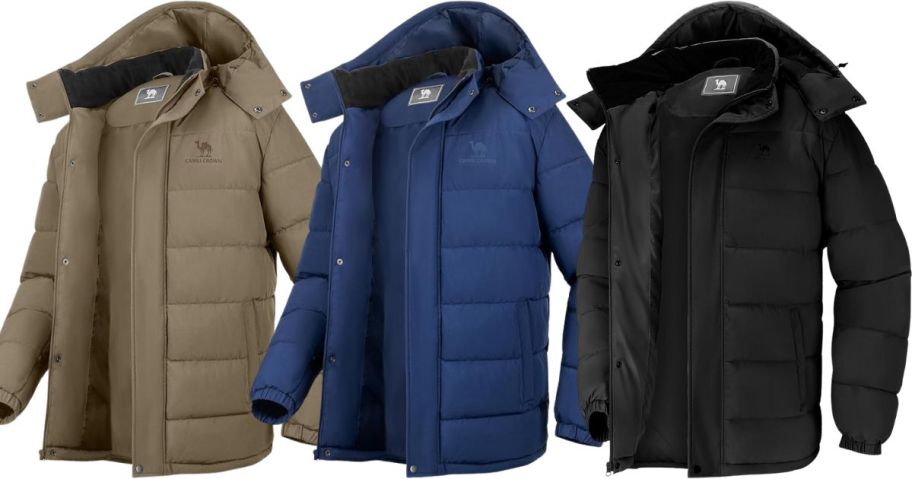 three winter coats in green, blue, and black