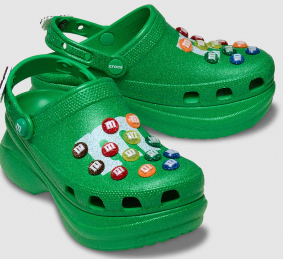 green platform crocs with m&m charms