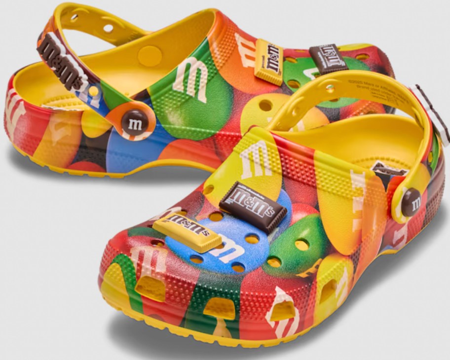 yellow crocs with colorful m&m print