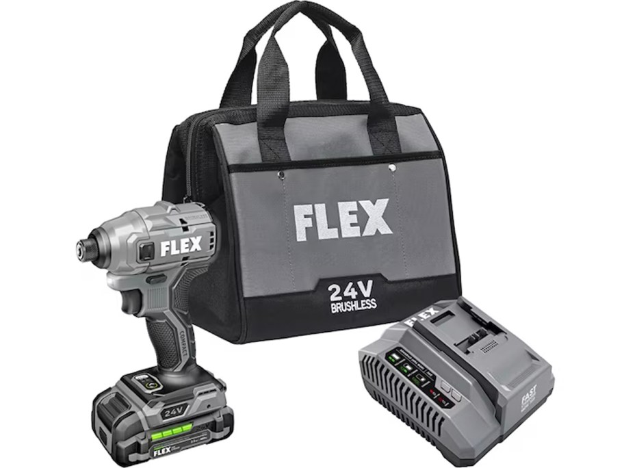 gray and black flex bag, impact driver and battery charger