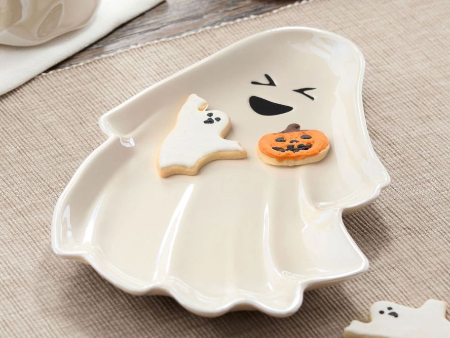 Ghost-Shaped Serving Tray on table with cookies on it
