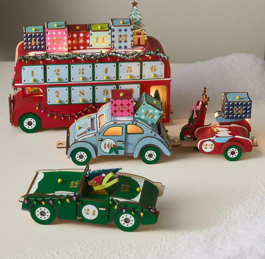 holiday traffic advent calendar on white snowy table