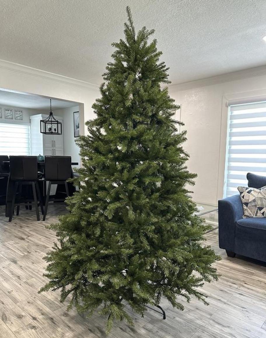 green plain christmas tree in middle of wood floor
