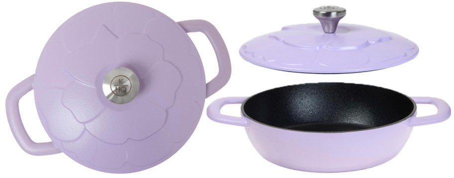 cast iron purple floral dutch oven top, and side image