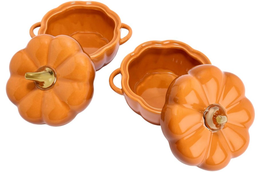 two pumpkin casserole dishes with lids