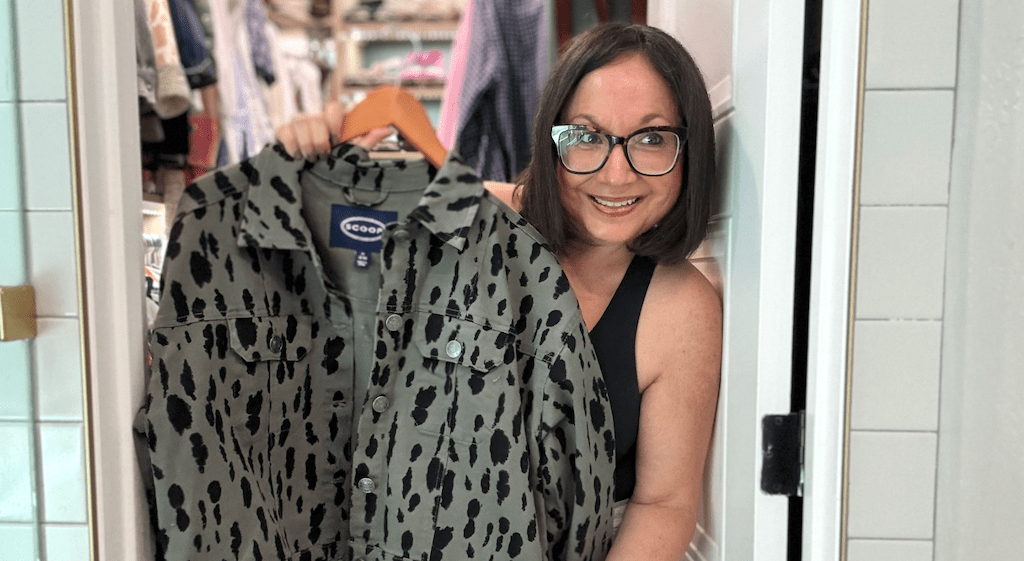 Lina holding Scoop jacket 