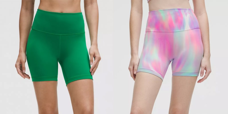 two women in green and pink multi-color shorts