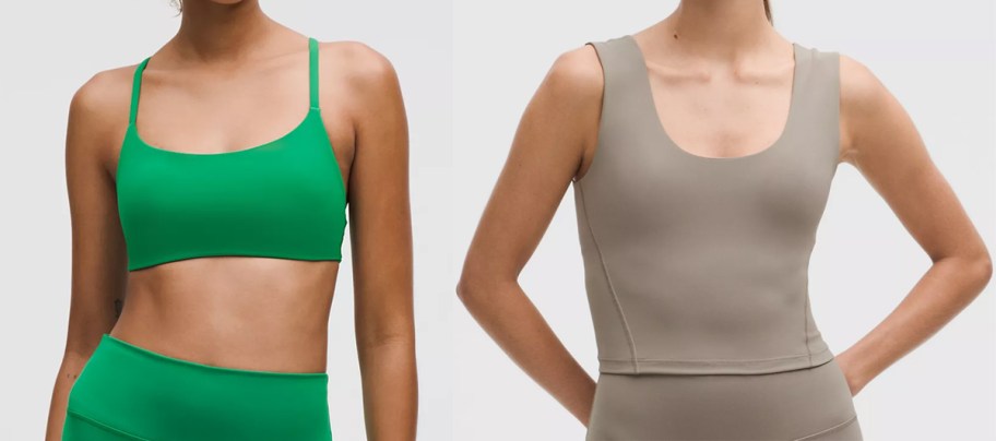woman in green sports bra and woman in tan tank top
