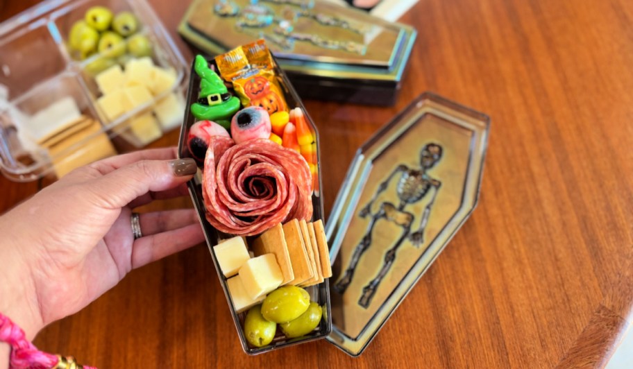 making a charbooterie using dollar tree skeleton coffin (