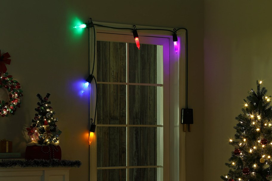 colroful oversized light strand around a window
