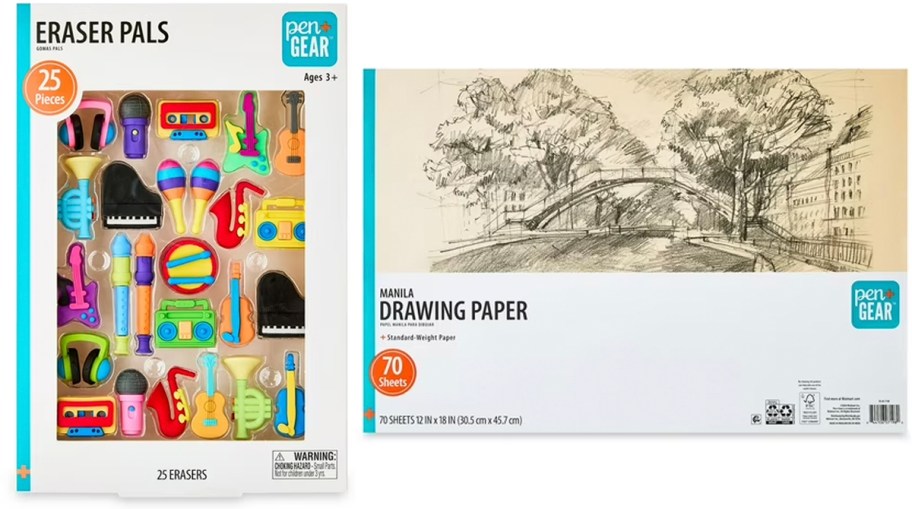 pen gear erasers and drawing paper 