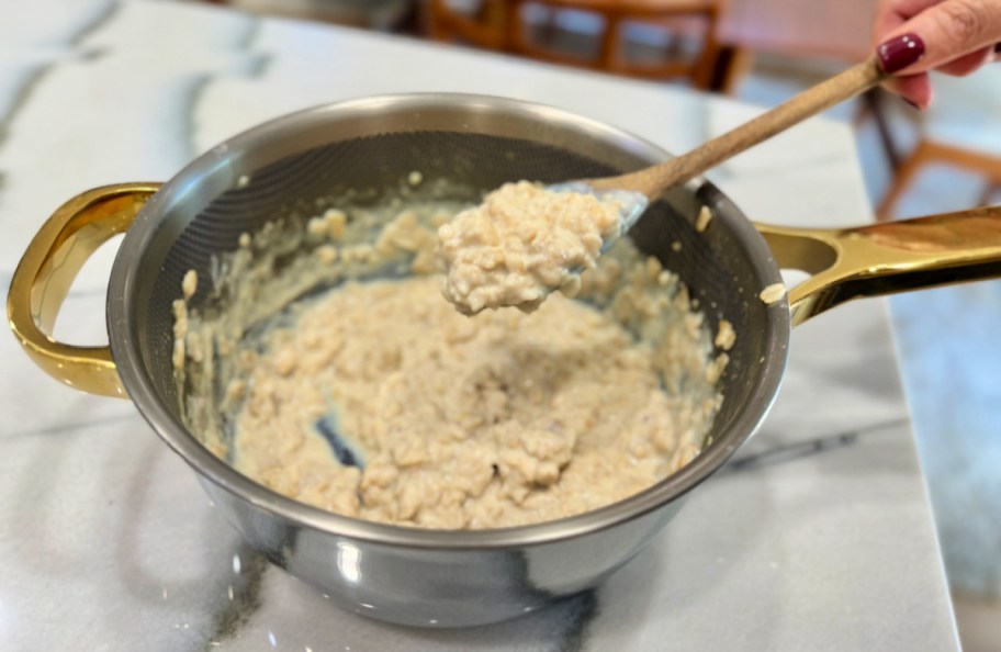 protein oatmeal in a pan after cooking 