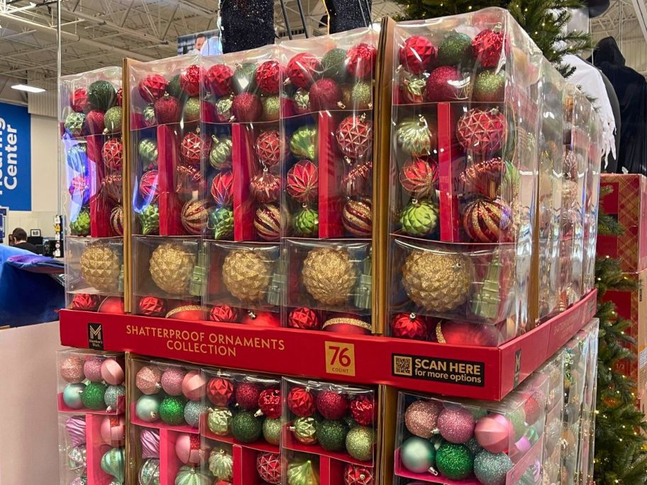 tons of shatterproof ornaments displayed at the store
