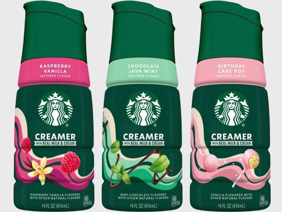 three starbucks dairy creamer bottles in chocolate mint, raspberry vanilla and vanilla cake pop