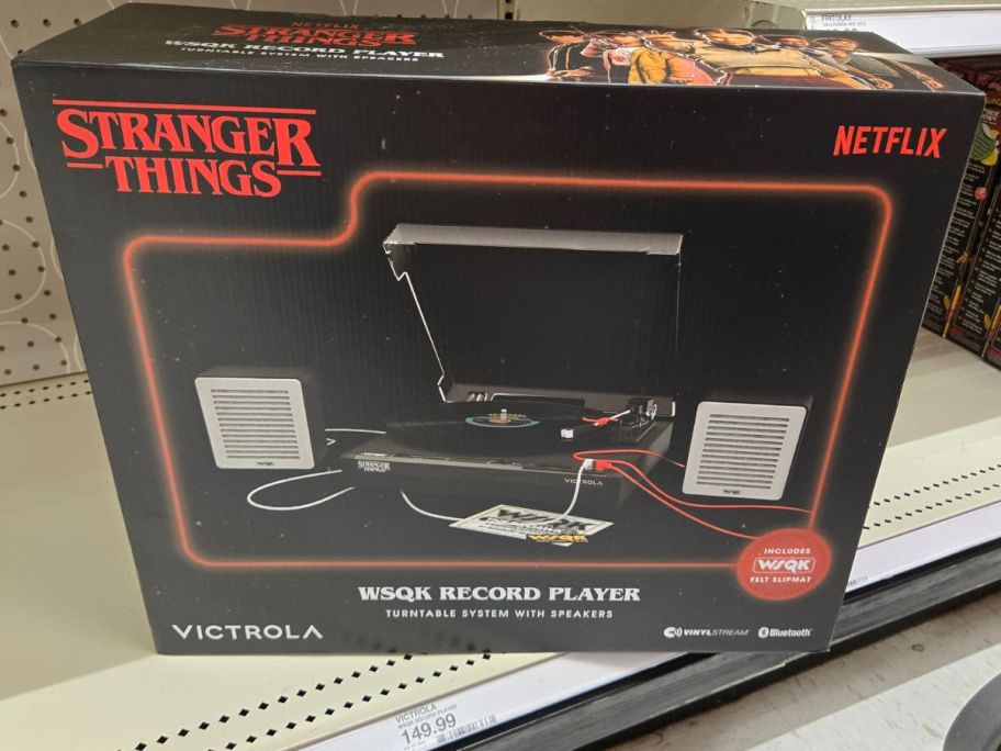 Stranger Things Victrola WSQK Record Player box on shelf in store