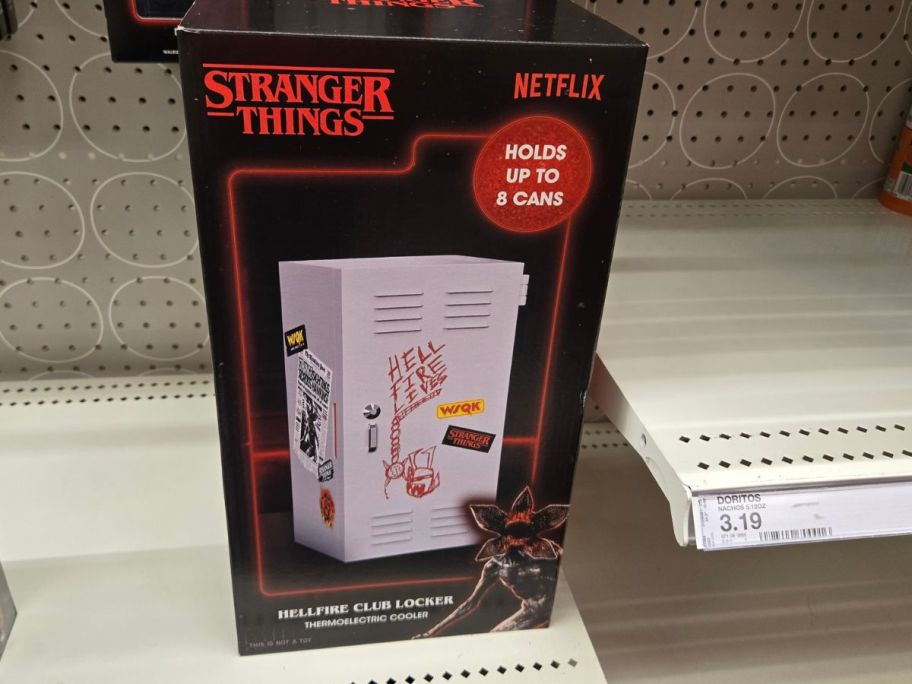 Stranger Things Hellfire Club Locker Mini Fridge box on shelf in store