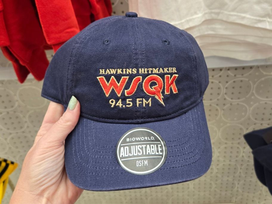 blue Stranger Things Men's WSQK Baseball Hat in hand in store