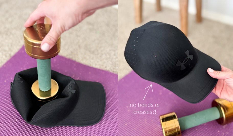 showing weight crushing black hat and black hat in hand