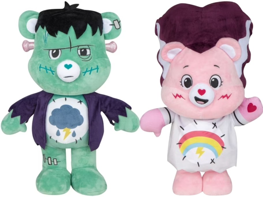 a Frankenstein Care Bear and Bride of Frankenstein Care Bear plush Halloween porch greeter