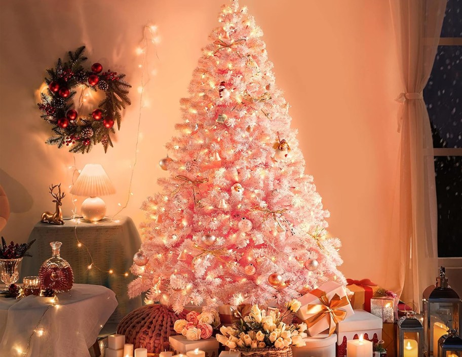 pink christmas tree with lights 