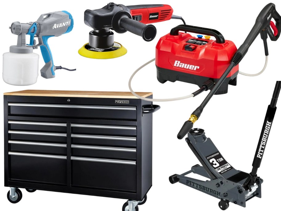 paint sprayer, sander, pressure washer, large tool chest, and a jack