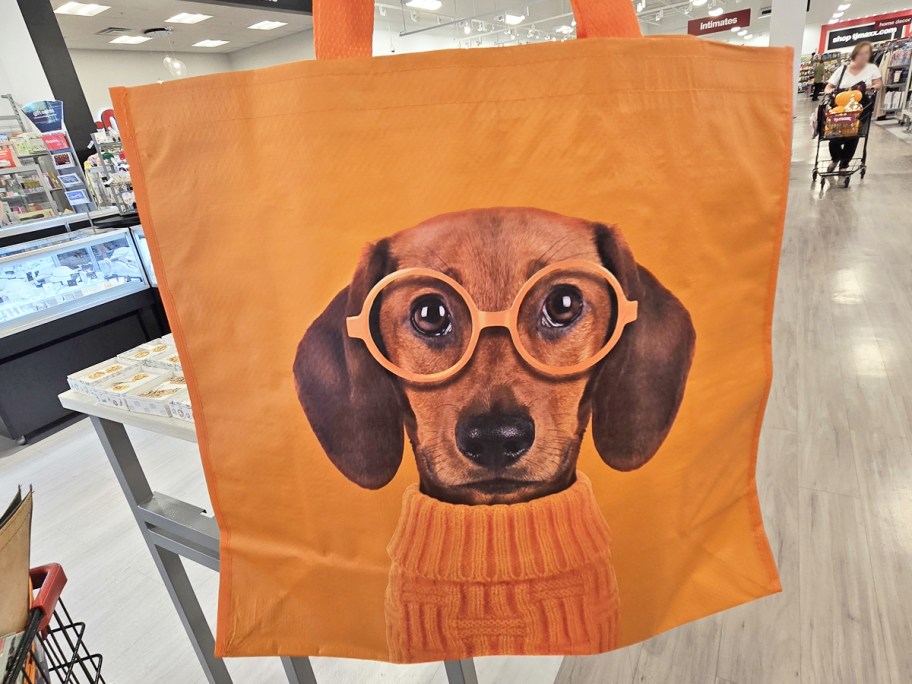orange shopping tote bag with a picture of a dog in glasses with an orange sweater