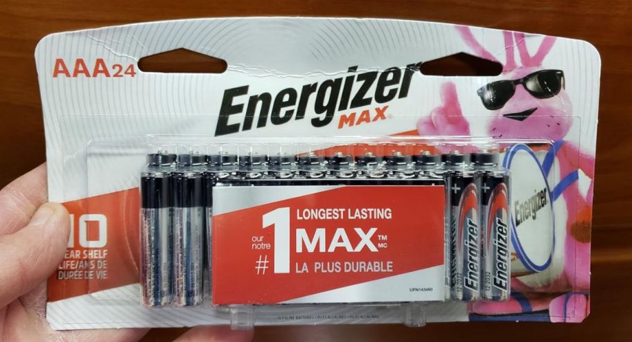 hand holding Energizer MAX Alkaline AAA Batteries 24-Pack