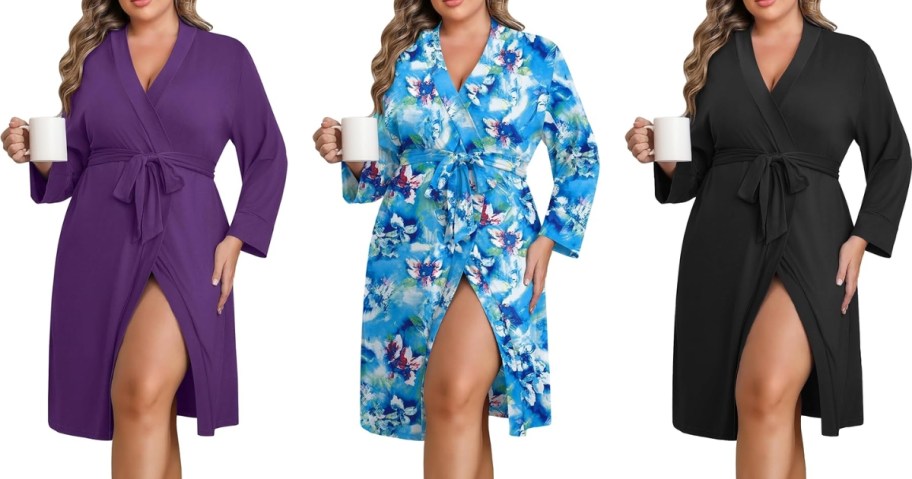 3 women wearing different colors of bath robes