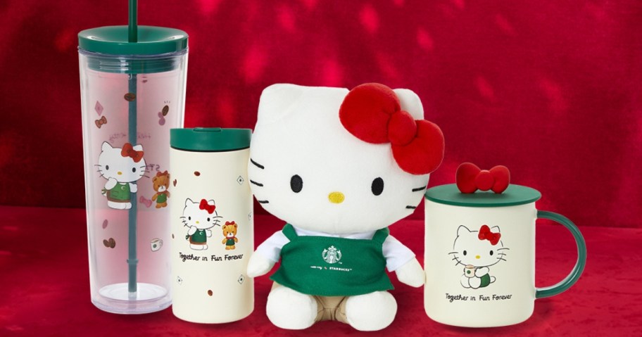 Starbucks Hello Kitty tumblers, mug, and plush