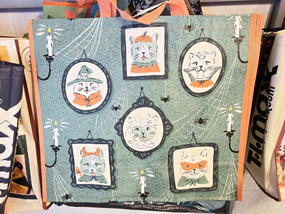 halloween cat print shopping tote bag