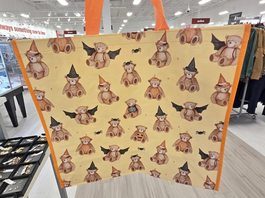 halloween teddy bear print shopping tote bag