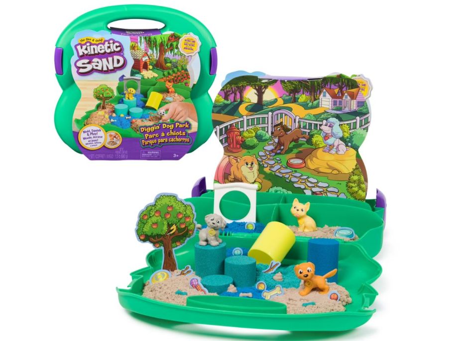 a plastic box with Kinetic Sand and a Dog Dig Set