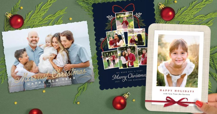 Images of 3 different PhotoAffections Custom Holiday Photo Cards 