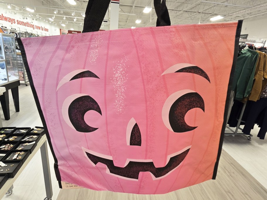 pink jack-o-lantern print reusable shopping tote bag