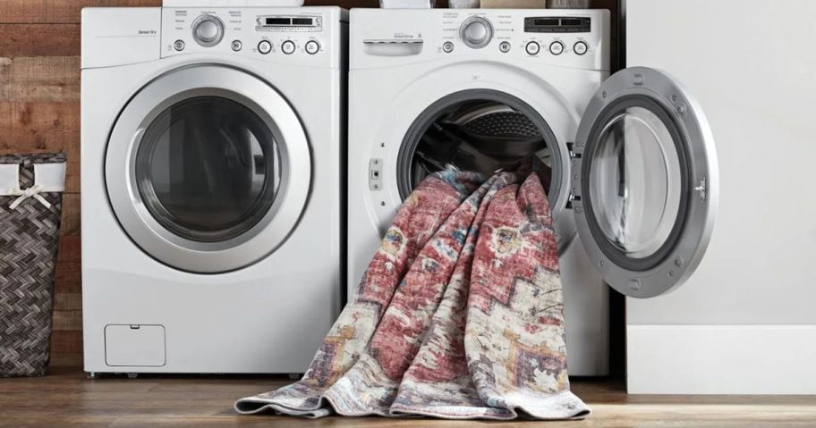A member's mark washable area rug coming out of a washing machine