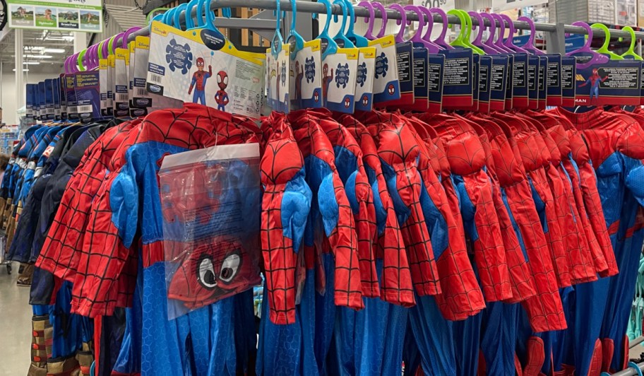 Rock of Spider-Man Halloween costumes hanging inside Sam's Club