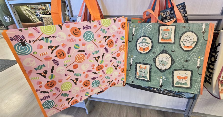 two halloween print reusable shopping tote bags