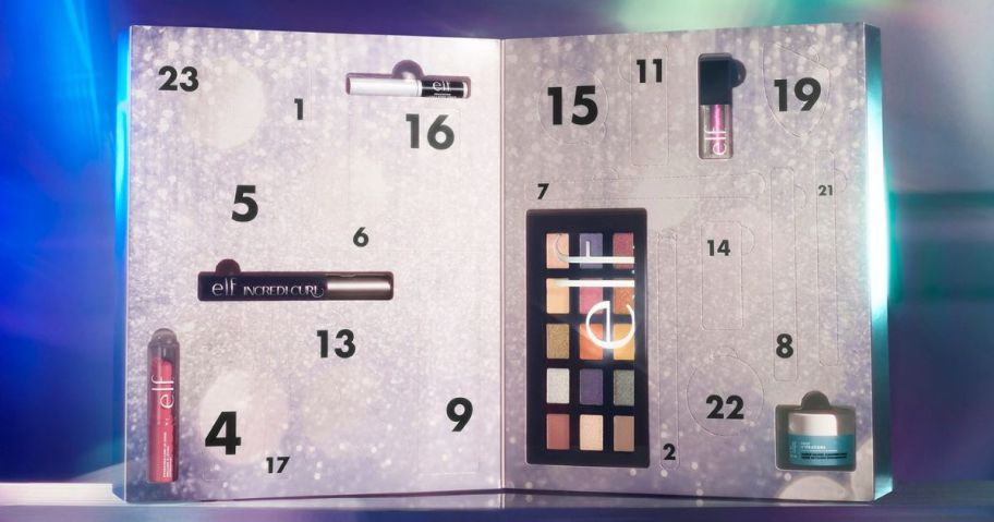A box containing an advent calendar of beauty products
