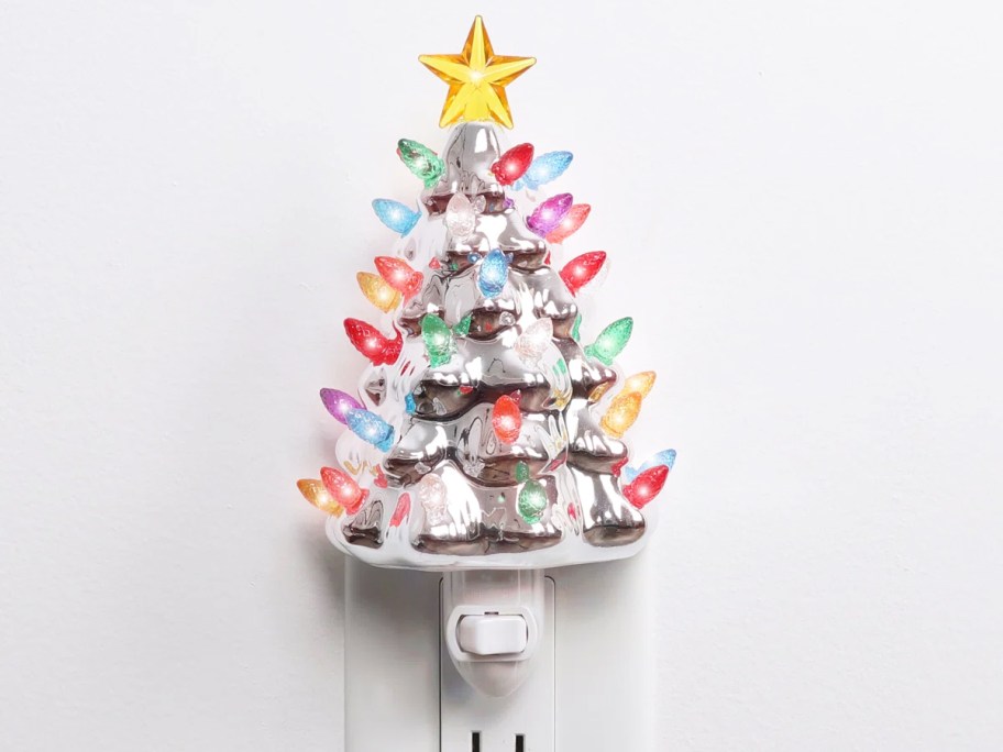 silver christmas tree nightlight with multi-colored bulbs